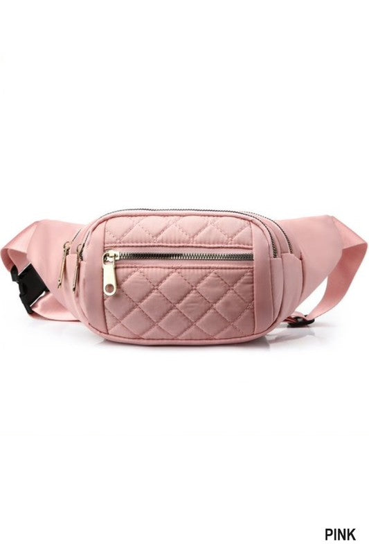 Pink Quilted Multi-Pocket Waist Belt Bag