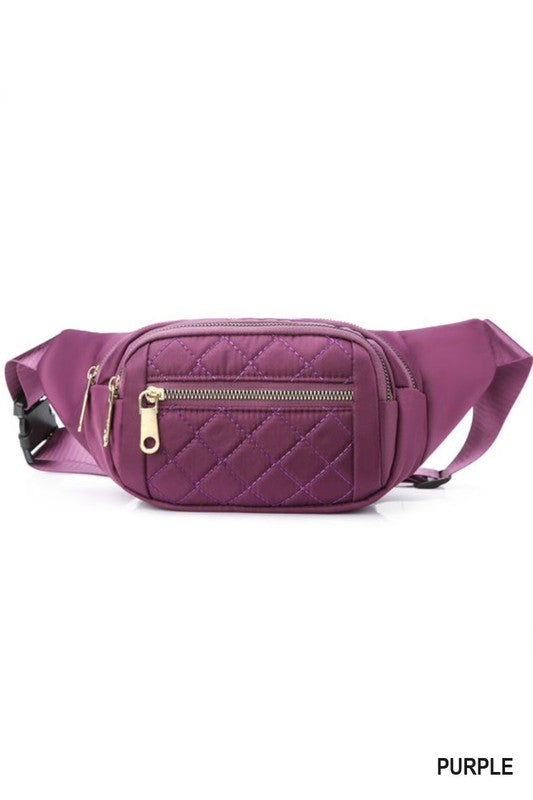 Purple Quilted Multi-Pocket Waist Belt Bag