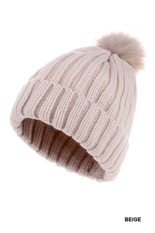 Ribbed Knitted Pom Pom Beanie(Beige)