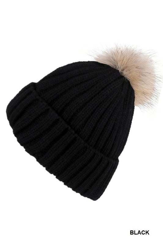 Ribbed Knitted Pom Pom Beanie (Black)