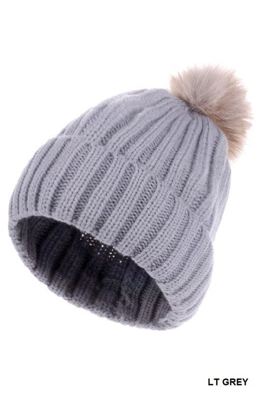 Ribbed Knitted Pom Pom Beanie (Grey)