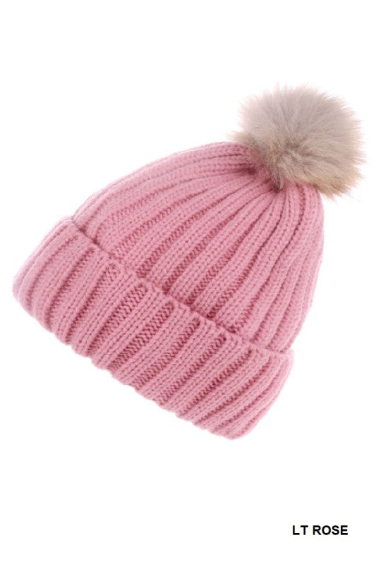 Ribbed Knitted Pom Pom Beanie (Rose)
