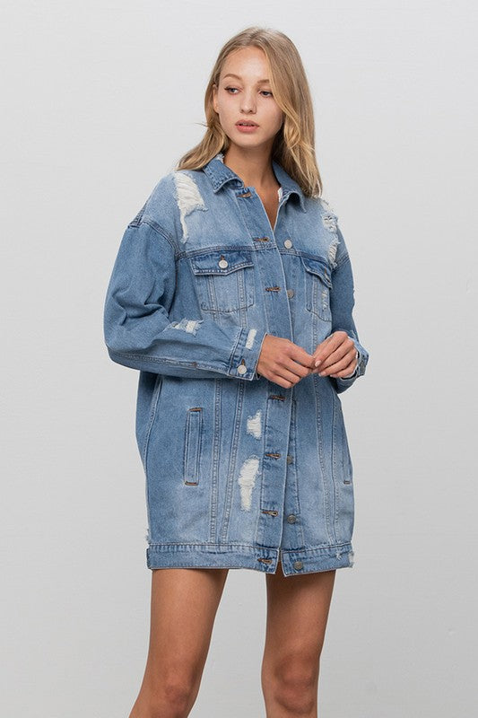 Ripped Flap Pocket Single Breasted Denim Jacket