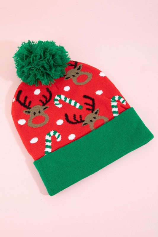 Christmas Theme Reindeer Pom Pom Beanie