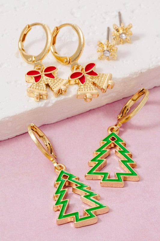 Secret Box Gold Dipped Christmas Theme Stud And Hoops Earrings Set