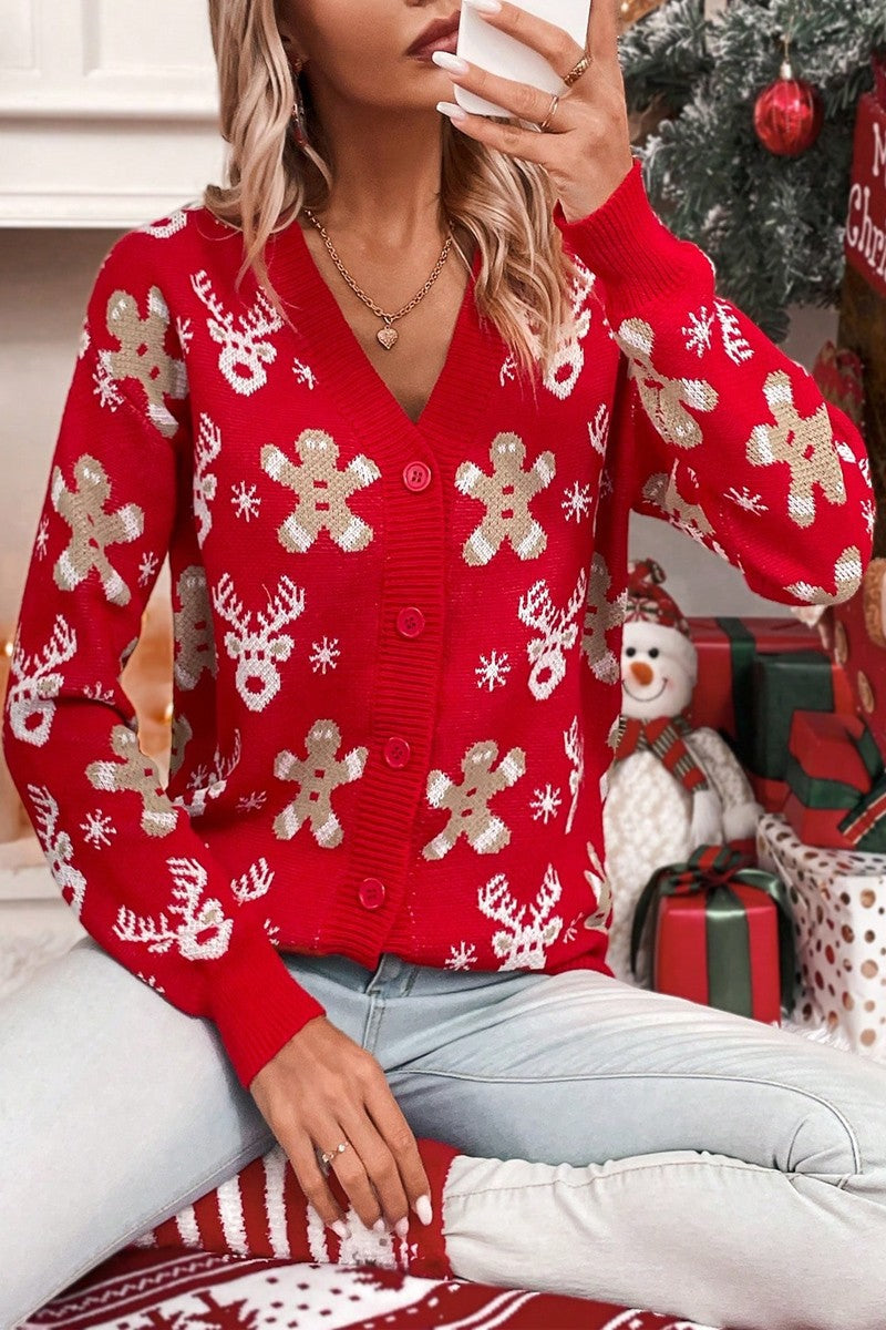 Snowflake V-Neck Cardigan (Red)