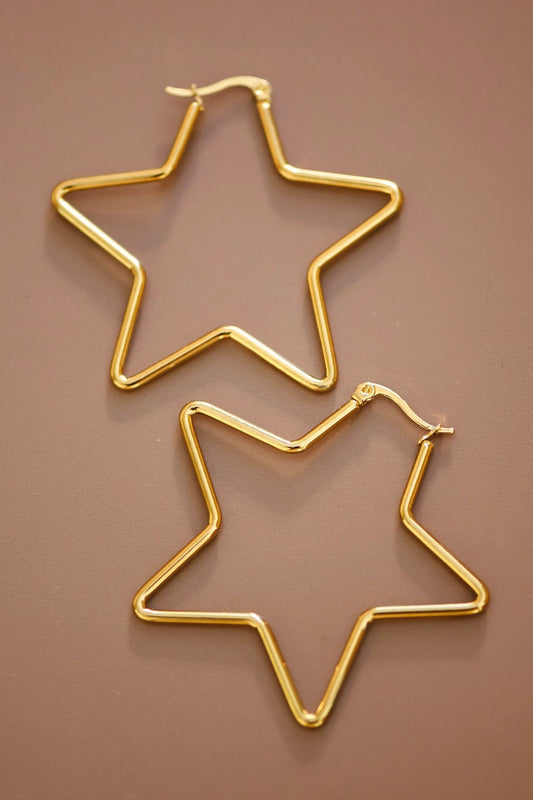 Waterproof Non-tarnish Stainless Steel Star Hoops (Gold)