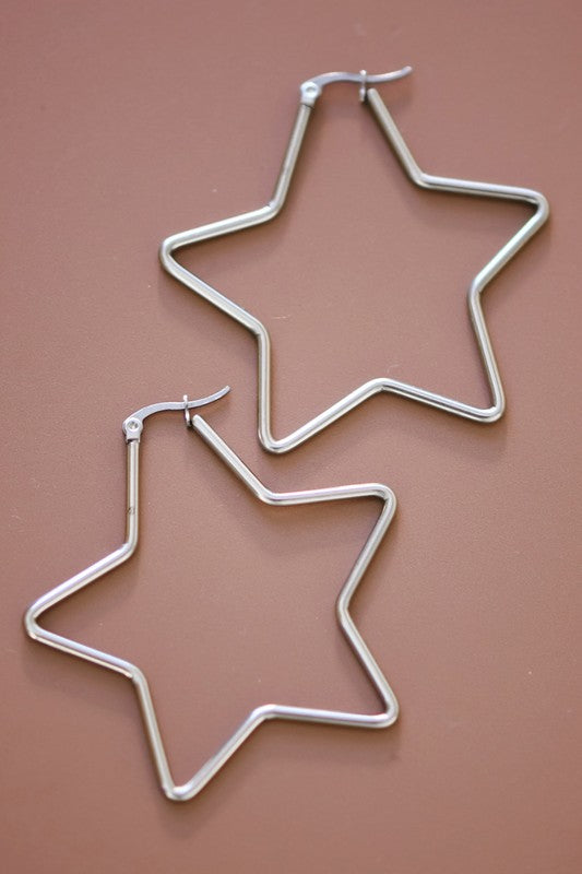 Waterproof Non-tarnish Stainless Steel Silver Star Hoops