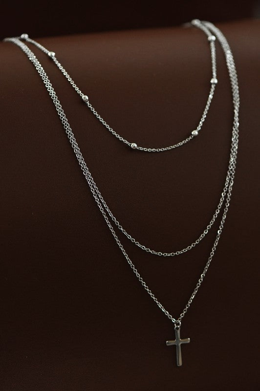 Non-tarnish Stainless Steel Layered Cross Necklace (Silver)