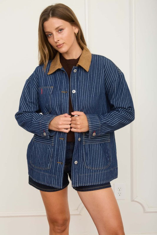 Stripe Corduroy Collar Denim Shacket