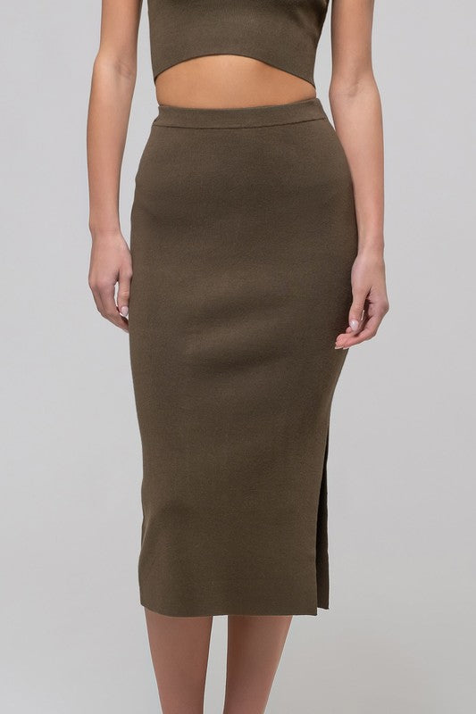 High Waist Side Slit Sweater Knit Midi Skirt