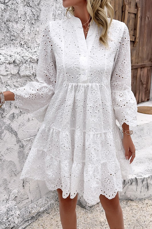 White V Neck Button Flared Hollow Out Lace Dress