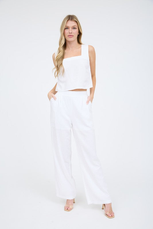 White High Waist Front Pleat Linen Pants