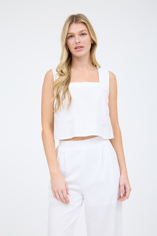 White Square Neck Sleeveless Cropped Linen Top