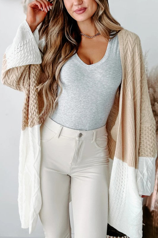 Color Block Bell Sleeve Open Front Knit Cardigan (Beige & White)