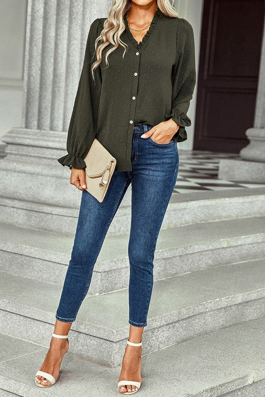 Buttoned V Neck Ruffle Top (Olive)