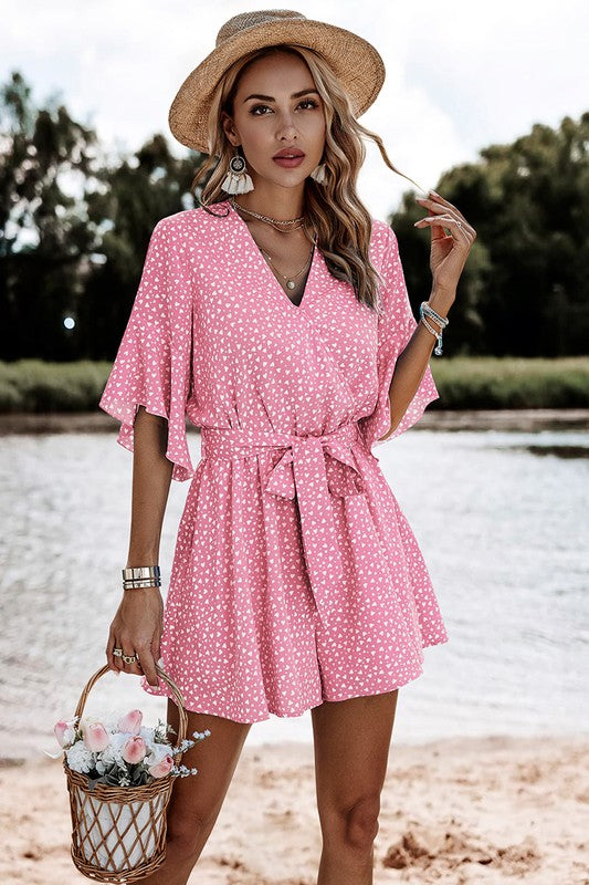 Ruffled & Belted Hemmed Romper (Pink)